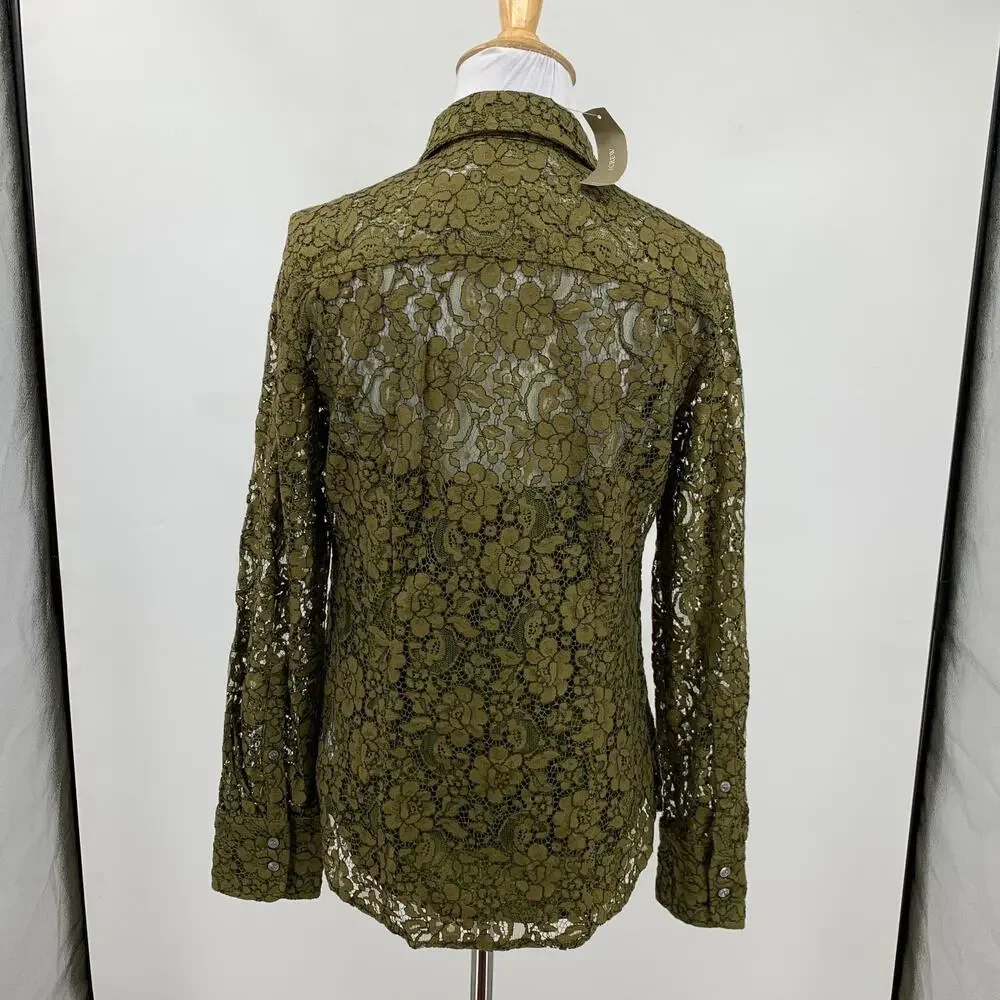 J Crew Top Women 2 Moss Two Piece Classic Fit Button Up Lace Overlay Long Sleeve